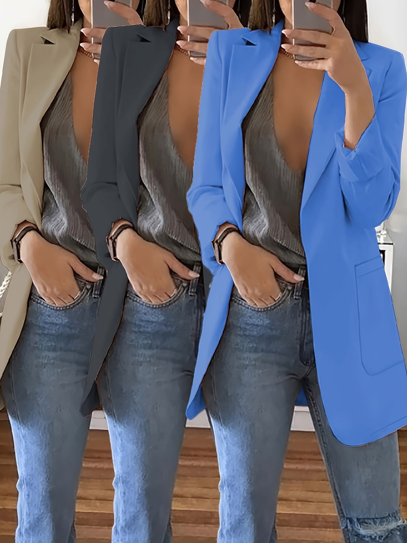 3pcs Fashion Casual Solid Color Lapel Slim Fit Open Cardigan Suit Jacket for Women Spring Summer Autumn